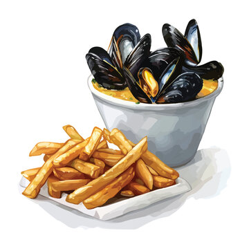 Watercolor painting of mussels and french fries served on watercolor.vector transparent background cutout