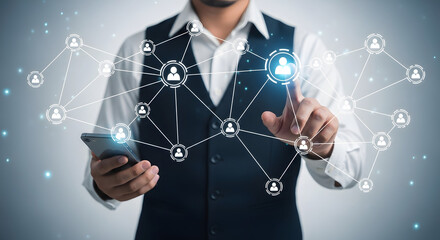 Businessman interacting with digital network on phone