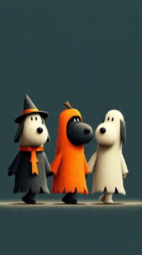 Animation of three tall dogs jumping and dancing, wearing Halloween costumes, one as a ghost, one as an orange pumpkin, and another as a witch with a scarf and hat. Halloween concept.