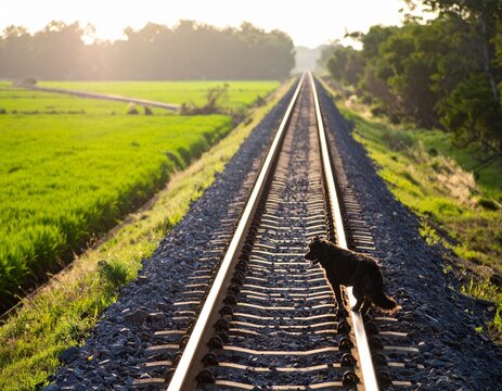 Street dog walking along train tracks, blurred background of green fields, sunlight
