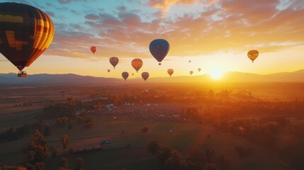 Obraz premium Majestic hot air balloons soar over a vibrant landscape during a golden sunset celebration