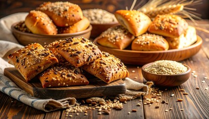 Assorted seed-studded breads on wooden boards