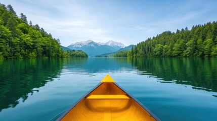 Obraz premium Yellow canoe sailing on a peaceful lake surrounded by mountains and forest in Bavaria, Germany