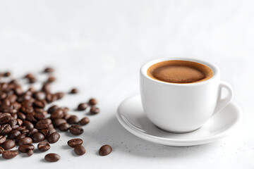 Fototapeta premium Freshly brewed espresso in a white cup surrounded by coffee beans on a light background