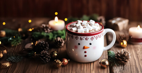 Ceramic snowman mug cup hot chocolate, marshmallows, Christmas decorations, drink cocoa, coffee, chocolate cream, surrounded cocoa beans, cinnamon. Place text, greeting card, banner, holiday, romance