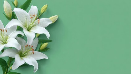 Fototapeta premium Elegant white lilies with green leaves arranged on a muted green background, leaving ample space to the right