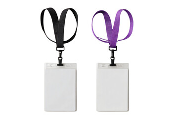 Two blank ID badges with lanyards, black and purple