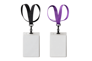 Two blank ID badges with lanyards, black and purple