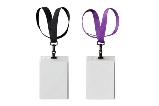 Two blank ID badges with lanyards, black and purple
