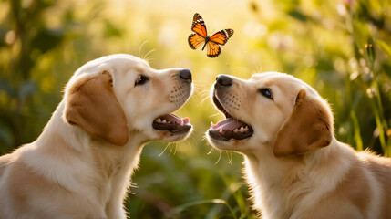 Two Golden Retriever Puppies Playing with Butterflies