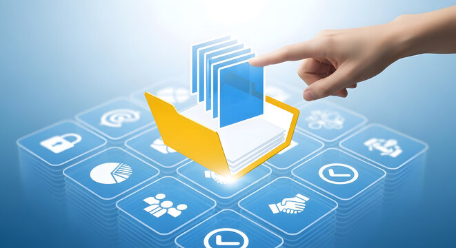 Hand interacting with digital folder and data icons