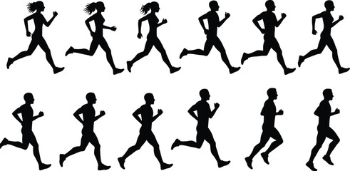 Set of male and female runner silhouettes in different poses, people jogging and exercising vector illustration collection for fitness and health content.