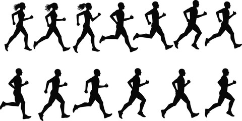 Set of male and female runner silhouettes in different poses, people jogging and exercising vector illustration collection for fitness and health content.