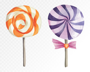 Colorful watercolor lollipops in orange and purple hues with playful bow details, perfect for Halloween treats and party designs. Vector illustration.