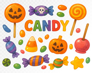 Cheerful watercolor Halloween composition with candy, pumpkins, lollipops, and autumn accents, perfect for party designs. Vector illustration.