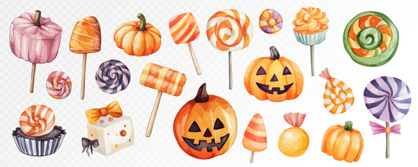 Watercolor Halloween lollipop collection with pumpkins, sweets, and bright colors, perfect for festive party decor. Vector illustration.
