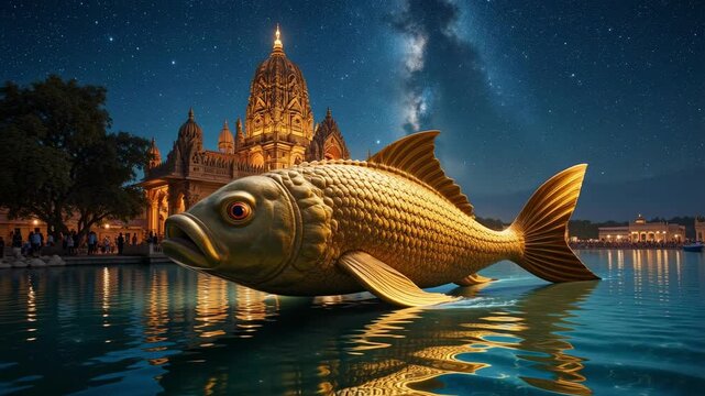 Divine Matsya avatar swims through cosmic river of stars, scales gleam with ancient hymns, guiding lost souls to celestial safety.