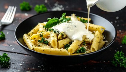 Creamy sauce being poured over penne pasta with basil and cheese in black bowl