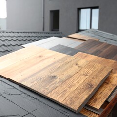 Assorted wood samples on a roof