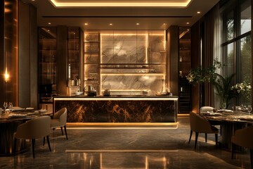 Modern minimalist interior design of a luxury kitchen, with a dining table and chairs. 3D rendering, Generative AI