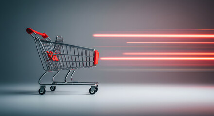 Futuristic shopping cart with neon glow and motion blur, symbolizing speed and modern retail. Perfect for eCommerce, supermarket, and digital shopping concept designs.

