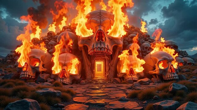 Shankar's fiery skull mountain temple erupts with celestial flames from eye sockets, a stunning 4k aerial vision of divine power and transformation.