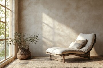 Lounge chair placed against a window near a beige stucco wall, contributing to rustic interior design for a modern living room in a country house. 3D rendering, Generative AI