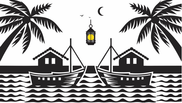 Black and white illustration of a coastal scene with boats palm trees and a lantern under a crescent moon |  editable eps vectors silhouette - Powered by Adobe