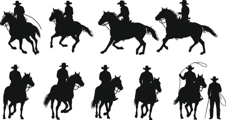 Set of cowboy and cowgirl silhouettes on horseback in various action poses with lasso, wild west vector illustration pack on white.