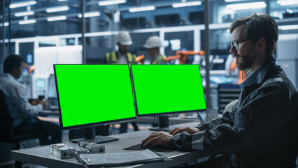 Caucasian Male Engineer Controlling Autonomous Conveyor With Robot Arms At Turbine Jet Engine Factory. Man Using Desktop Computer With Green Screen Chromakey On Display To Adjust Automated Production.
