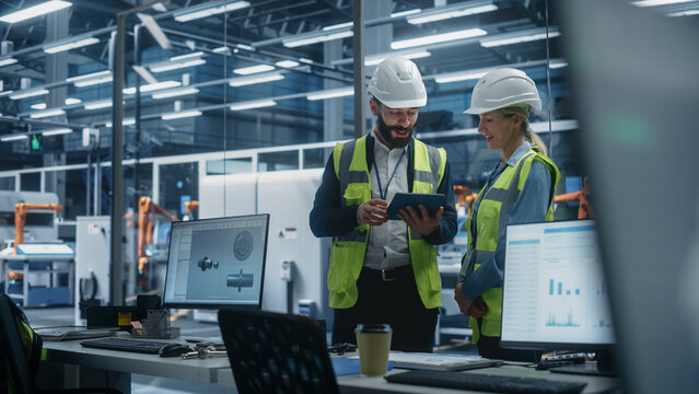 Factory Office: Hispanic Male Manager Using Tablet And Talking To Caucasian Female Engineer At Autonomous Manufacturing Plant. Colleagues Working On Sustainable Energy Engines Production.
