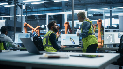 Factory Office: Hispanic Male Industrial Designer Showing Machine Component 3D Render To Caucasian...