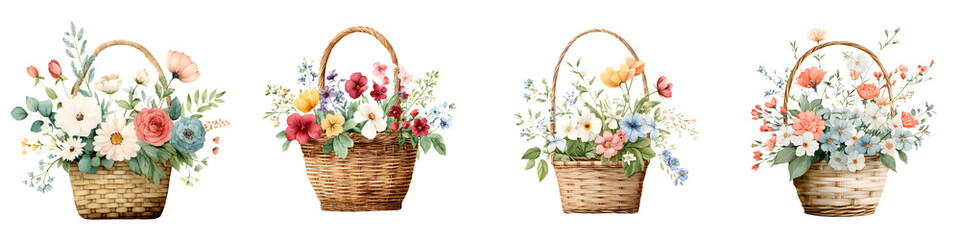 Obraz premium Watercolor Flower Baskets Collection on White Background