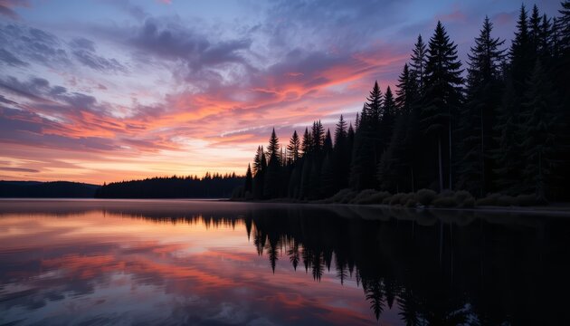 Serene lake at dusk reflecting colorful sky and silhouetted forest trees along calm shoreline