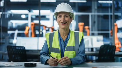 Car Factory Office: POV of Caucasian Female Director On Video Call With Design Department Of Vehicle Manufacturing Company. Woman Wearing Hardhat, Discussing Autonomous Production with Robotic Arms