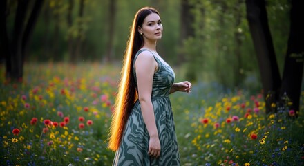 22-Year-Old Woman in Abstract Dress Walking Through Flower Forest