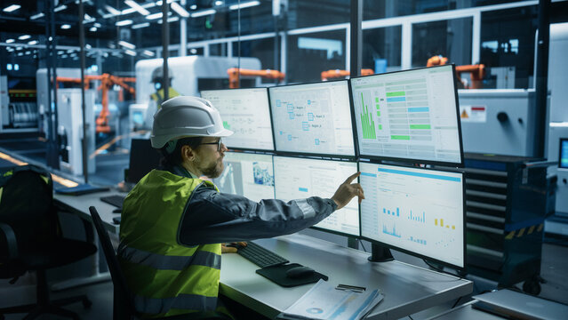 Caucasian Male Process Engineer Using Multi Monitor Workstation To Control Production Of Industrial Machinery on Autonomous Assembly Line With Robotic Arms. Man Adjusting Manufacturing Processes.