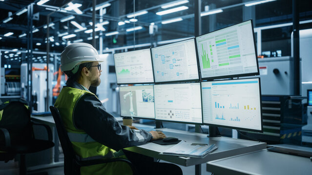 Caucasian Male Process Engineer Using Multi Monitor Workstation To Control Production Of Modern Electric Components on Autonomous Assembly Line With Robotic Arms. Man Adjusting Manufacturing Processes