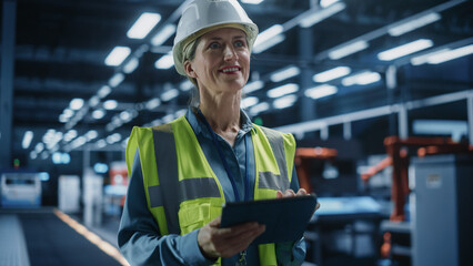 Beautiful Caucasian Female Engineer Standing In Factory Hall, Using Tablet Computer at Industrial...