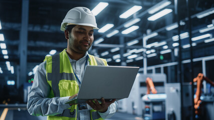 Portrait Of an Indian Male Engineer Standing In Factory Office, Using Tablet Computer at a Machinery Manufacturing Facility. Specialist Using Online Software to Program Robots on Assembly Line.