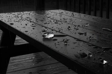 Black wooden picnic table, rain drops