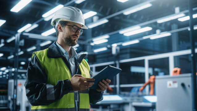 Thoughtful Caucasian Male Engineer Walking with a Tablet Computer, Monitoring Conditions at an Automated Industrial Machinery Assembly Line with Robot Hands Powered By Artificial Intelligence.