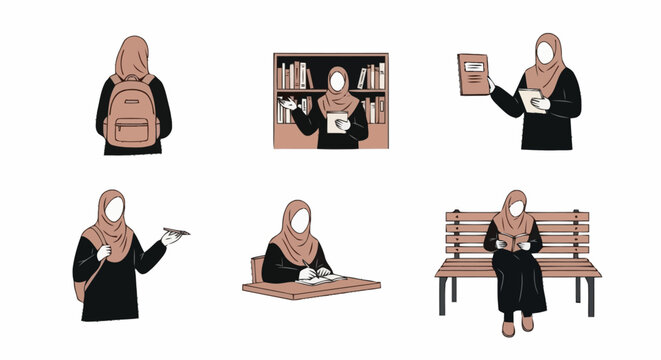 Diverse Depictions of a Muslim Woman in Everyday Scenarios: Illustrating Modern Lifestyle and Cultural Identity for Educational and Social Content