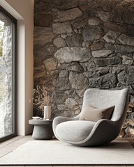 Lounge chair near wild stone cladding wall and window, reflecting modern living room design in a country villa. 3D rendering, Generative AI