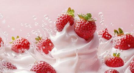 Macro image of ripe red strawberry splashing into pink yogurt with cream topping, surrounded by droplets in motion, highlighting freshness and sweet dairy texture.