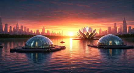 Obraz premium Floating Glass Structures at Sunset Cityscape with Giant Lotus