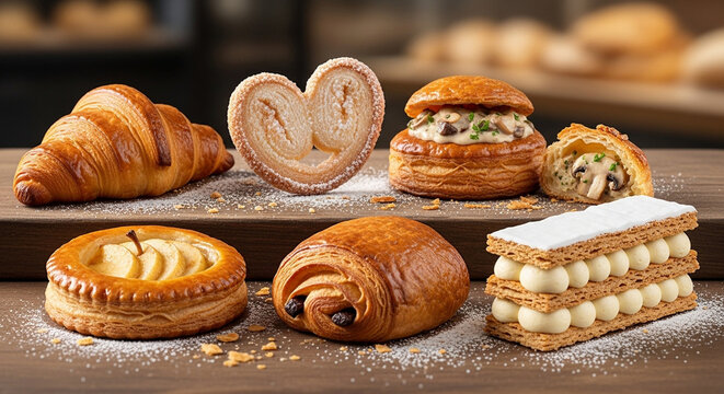 An assortment of exquisite pastries tempt the eye, freshly baked and arranged invitingly. Each pastry, a testament to culinary artistry, awaits to bring delight.