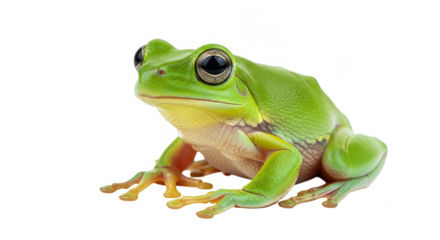 A green tree frog sits on a transparent background