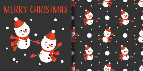 Christmas holiday banner and seamless pattern of cute snowman wearing red scarf and Santa hat on black background with snowflakes.
