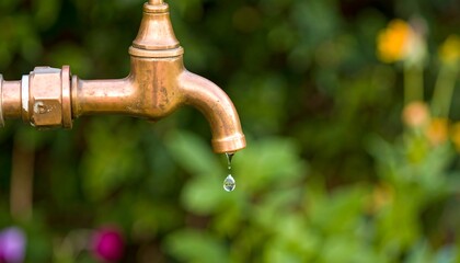 Leaking copper garden tap with water drop.